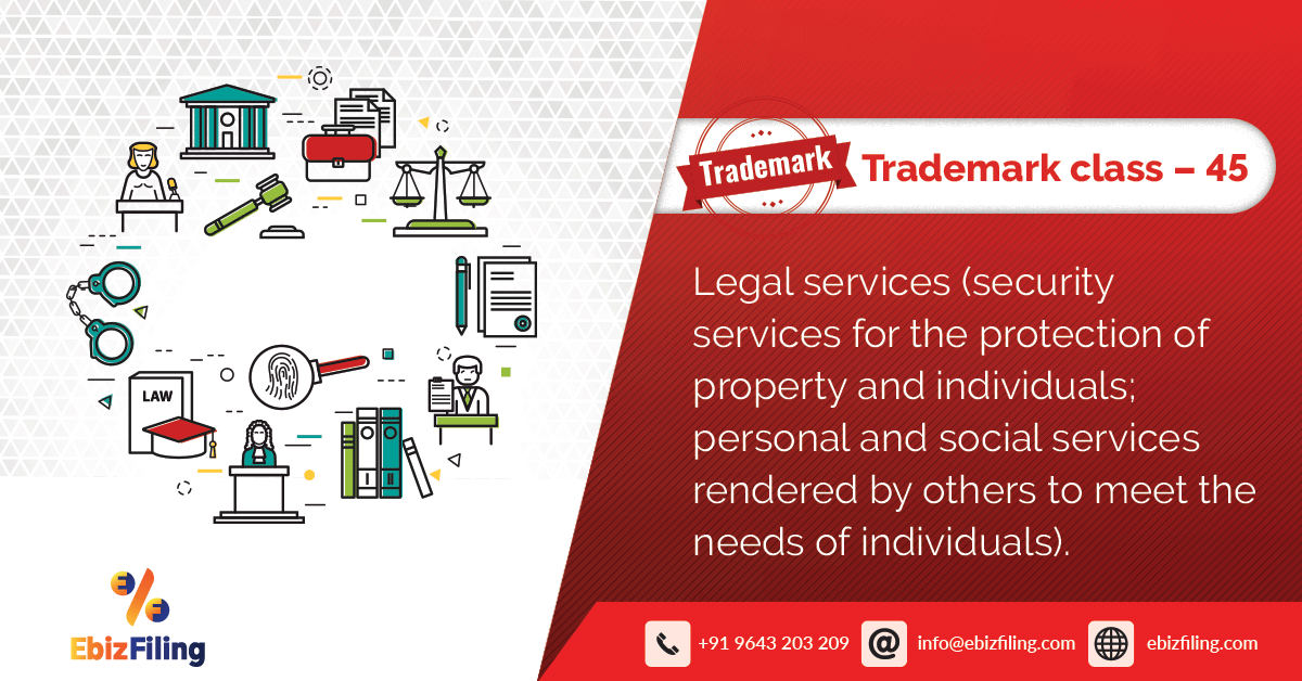 Trademark registration, Trademark Registration In India, Ebizfiling, Trademark class 45, Legal Services, Trademark Class.