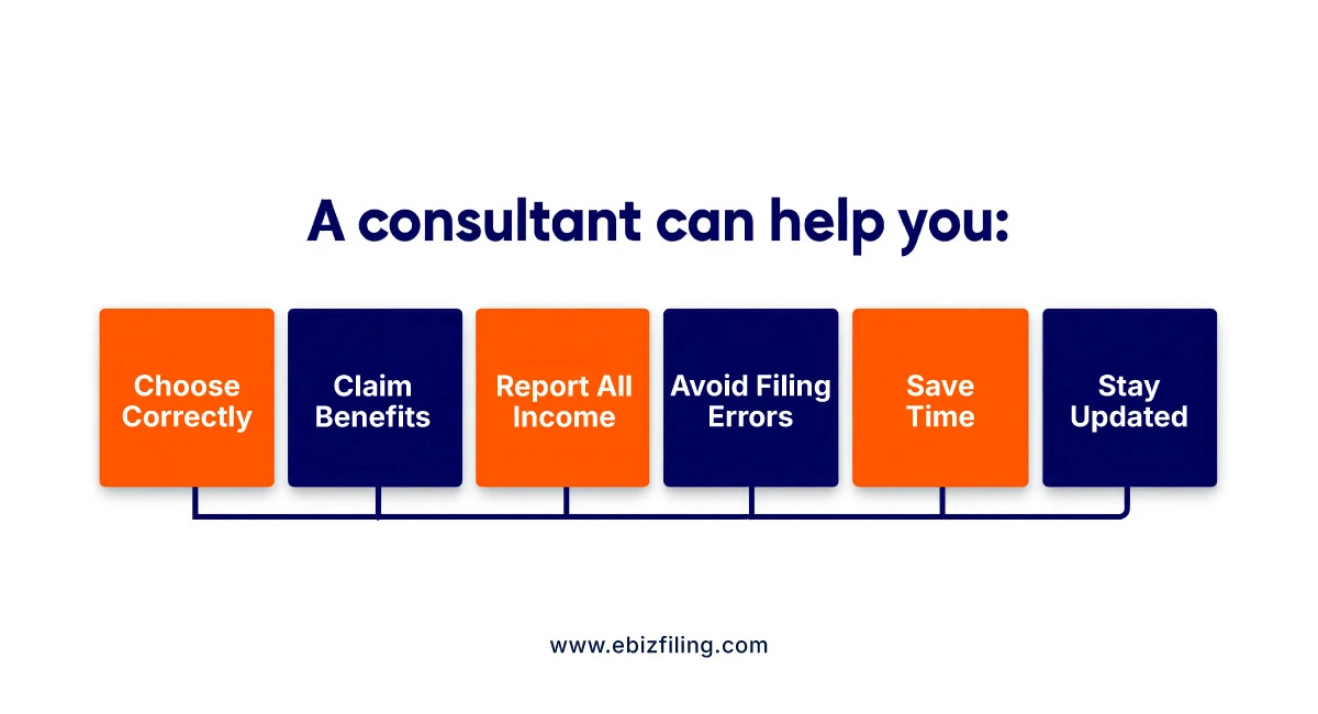 Consultant helping with correct tax filing, benefits claims, and error-free income reporting