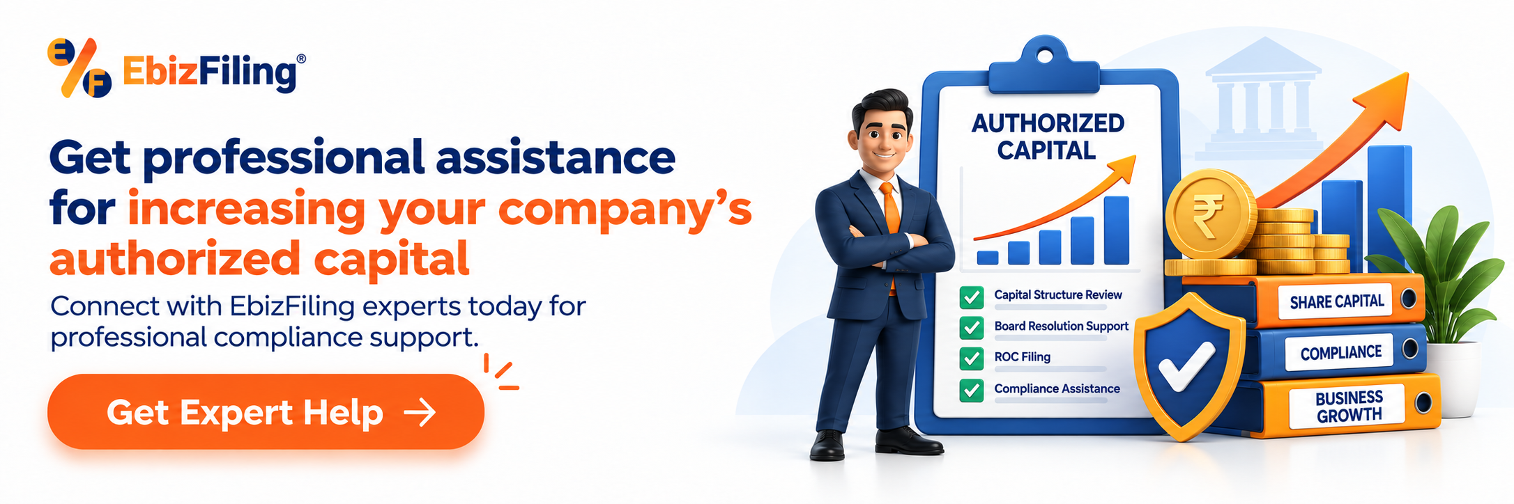 Increase Authorized Capital banner highlighting professional assistance with ROC filing and company compliance by Ebizfiling.