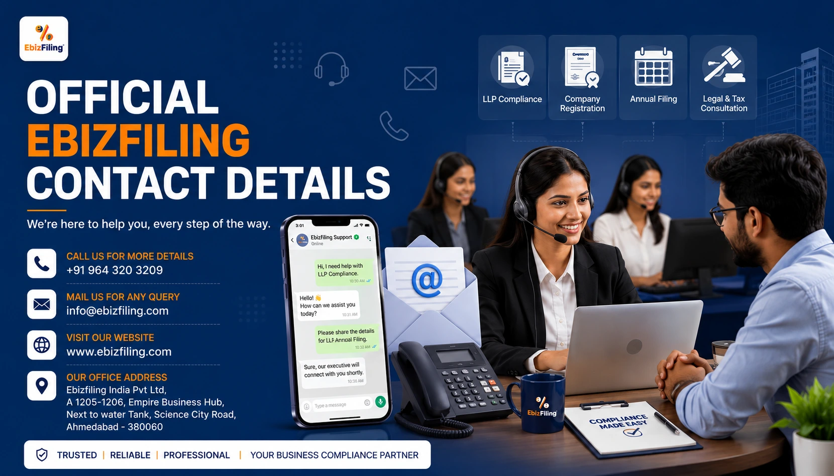 Official Ebizfiling contact details with phone, email, website and office address