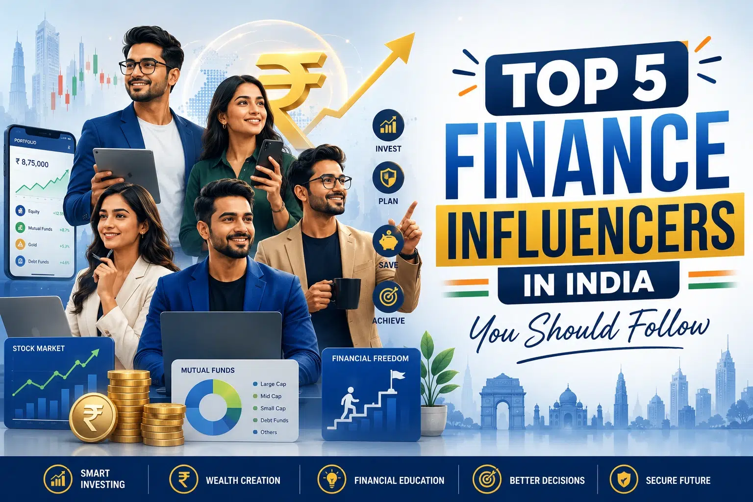 Top 5 Finance Influencers in India with investment charts, smartphones, and finance analytics